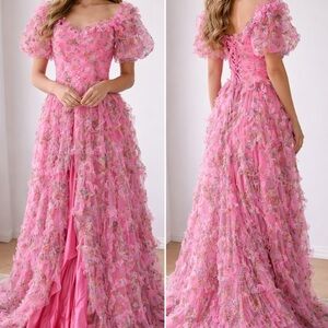 FAERIESTY Pink Floral Corset Prom Dress Ruffle Maxi – Size Small – NWOT